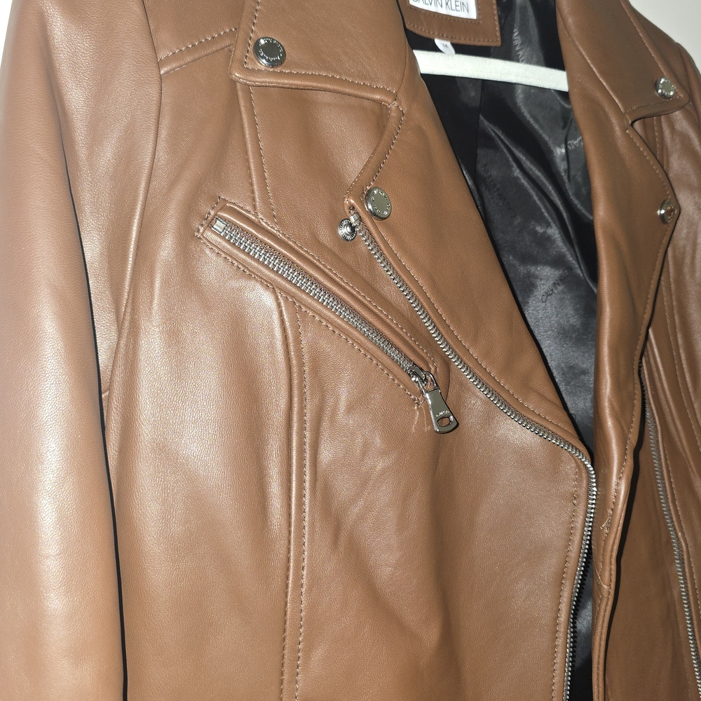 Calvin Klein Women's Brown Leather Moto Jacket - Picture 6 of 6